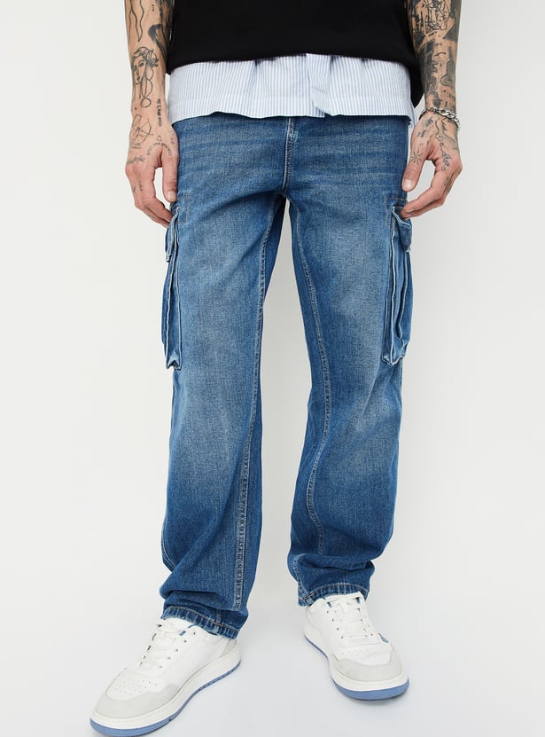 Classic Men’s Washed Loose Fit Cargo Denim Jeans with Minimal Stitching Detailing
