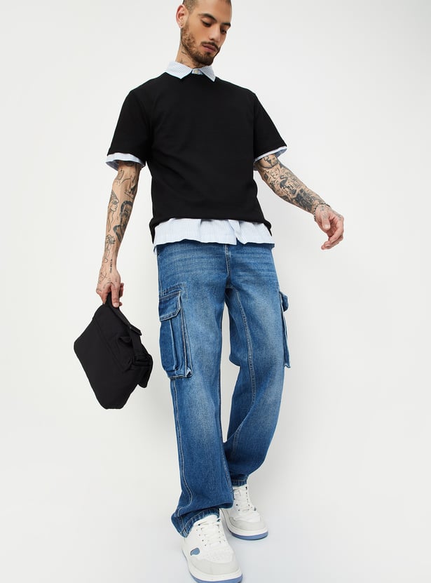 Classic Men’s Washed Loose Fit Cargo Denim Jeans with Minimal Stitching Detailing