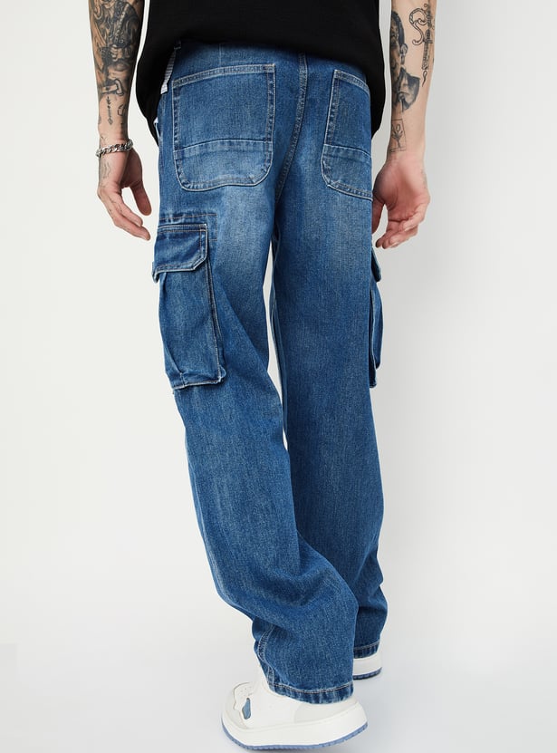 Classic Men’s Washed Loose Fit Cargo Denim Jeans with Minimal Stitching Detailing