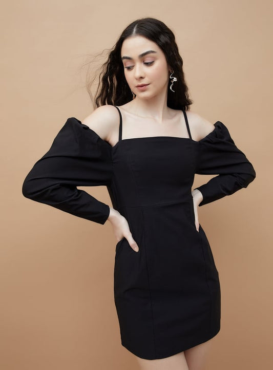 Solid Cold Shoulder Mini Dress Comfortable Women’s Casual Day or Evening Dress