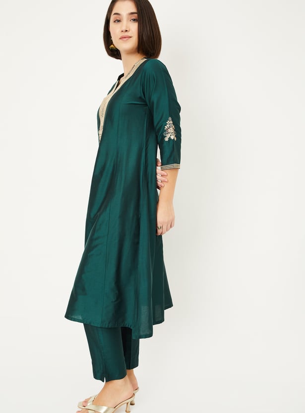 Trendy Ethnic Women’s Line Kurta Set with Beautiful Embroidery, Stylish Silhouette, and Coordinated Pants