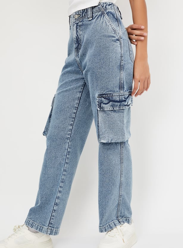 Relaxed Women Washed Cargo Denim Jeans with Modern Utility Appeal for Casual Dressing