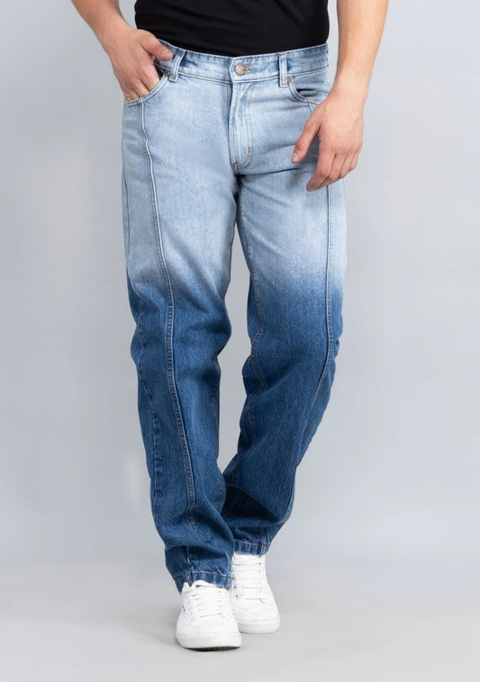 Durable Men’s Blue Straight Fit Jeans with Dual Shade Wash Design