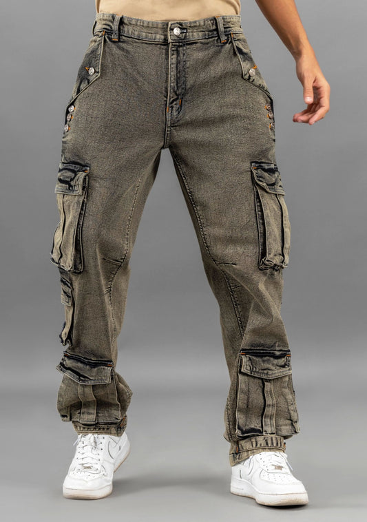 Everyday Wear Men’s Greenish Grey Straight Fit Jeans with Cargo Inspired Design