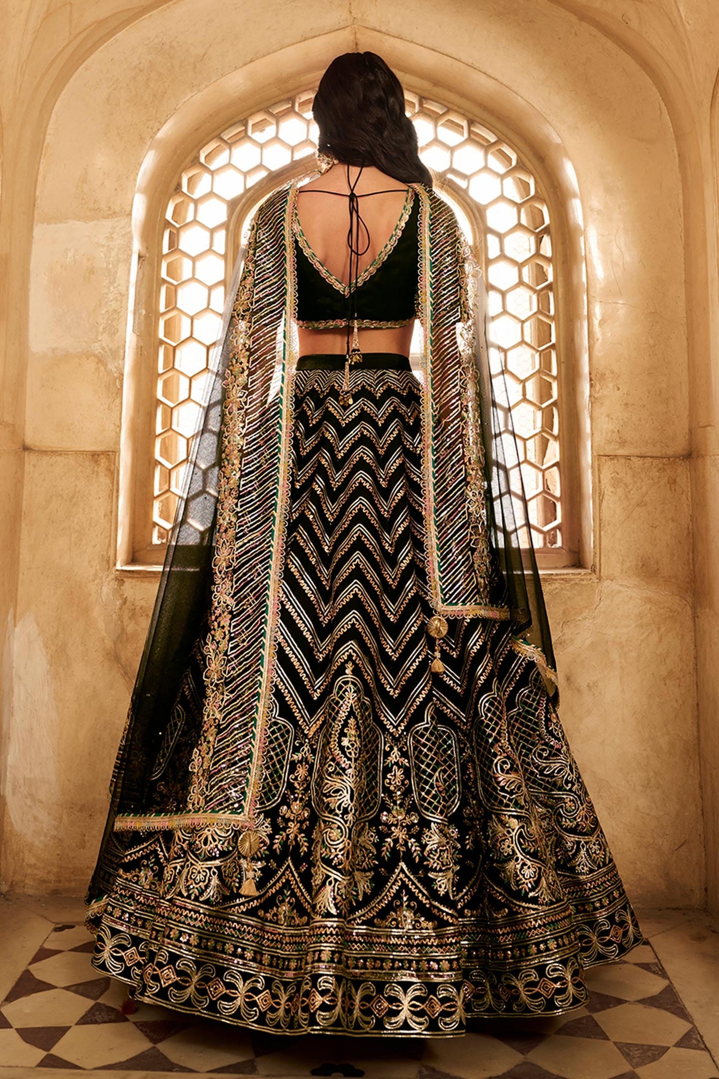 Black Organza Net Lehenga Set with Zari and Sequins Chevron Embroidery – V-Neck Blouse & Dupatta