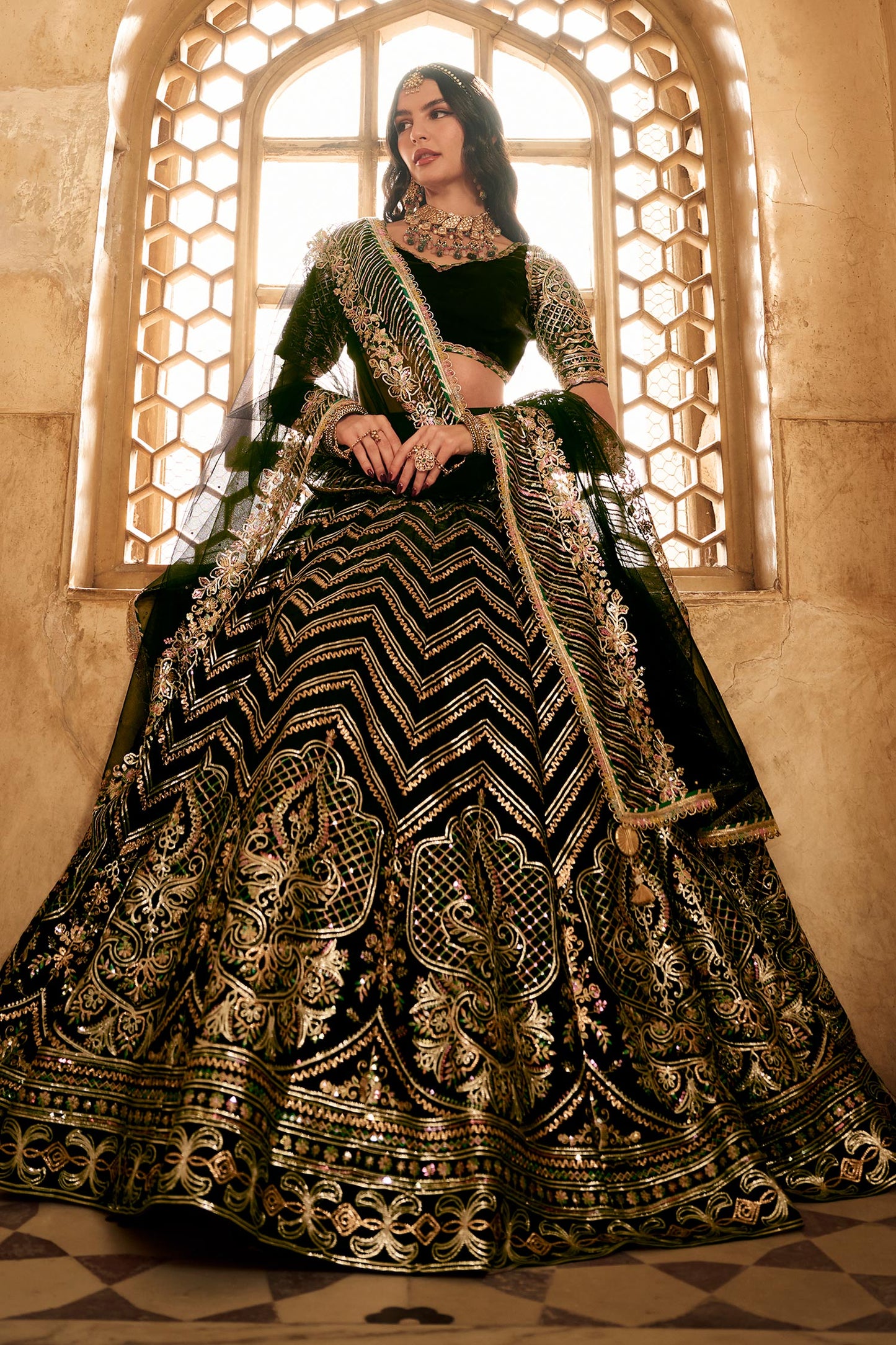 Black Organza Net Lehenga Set with Zari and Sequins Chevron Embroidery – V-Neck Blouse & Dupatta