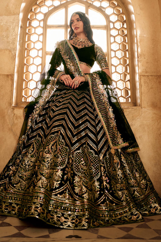 Black Organza Net Lehenga Set with Zari and Sequins Chevron Embroidery – V-Neck Blouse & Dupatta