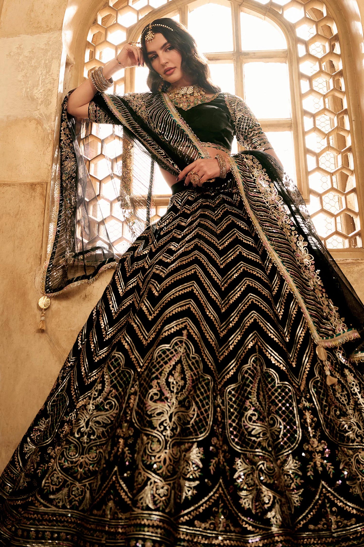 Black Organza Net Lehenga Set with Zari and Sequins Chevron Embroidery – V-Neck Blouse & Dupatta