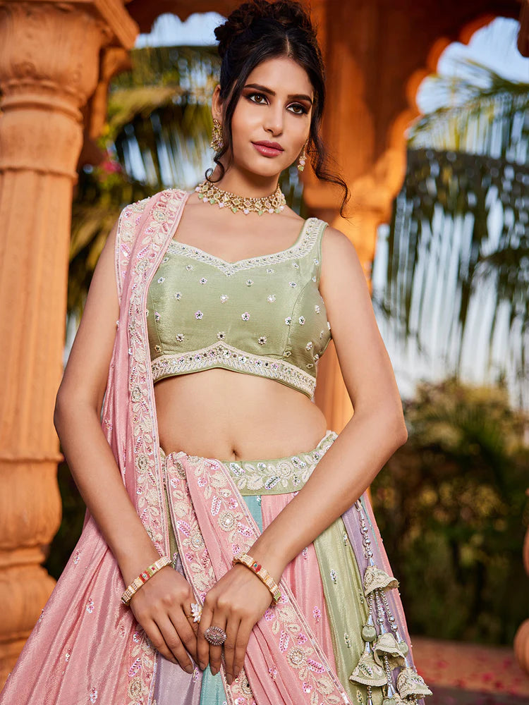 Contemporary Chinnon Fabric Lehenga Choli & Dupatta Semi-Stitched Set with Sequins Detailing for Elegant Party and Bridal Outfits