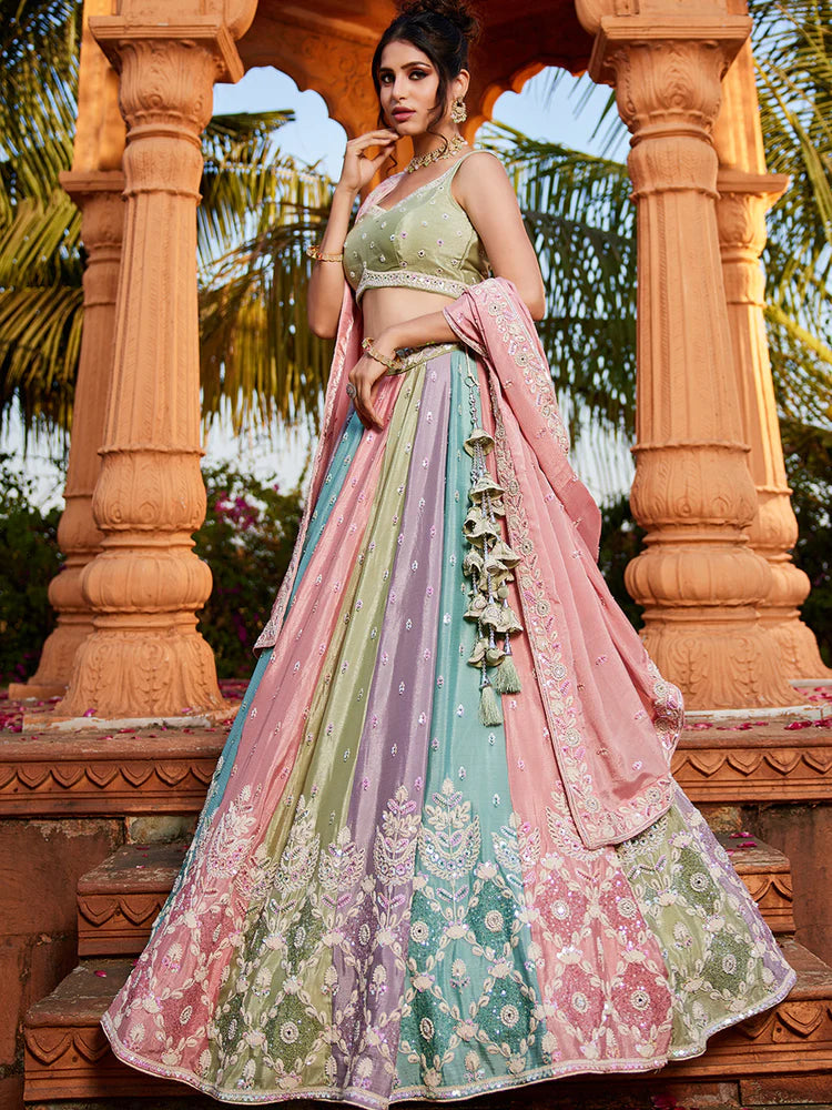 Contemporary Chinnon Fabric Lehenga Choli & Dupatta Semi-Stitched Set with Sequins Detailing for Elegant Party and Bridal Outfits