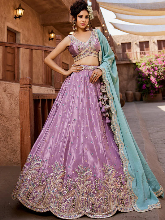 Trendy Satin Silk Lehenga Choli & Dupatta with Intricate Sequins Embroidery for Weddings