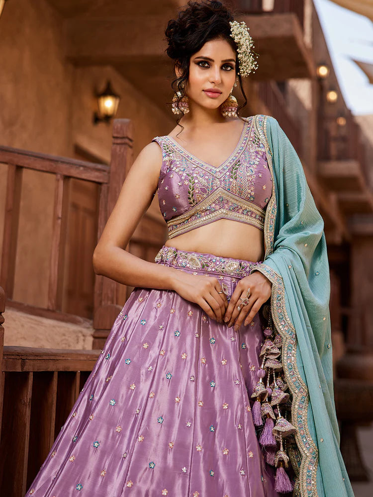 Trendy Satin Silk Lehenga Choli & Dupatta with Intricate Sequins Embroidery for Weddings