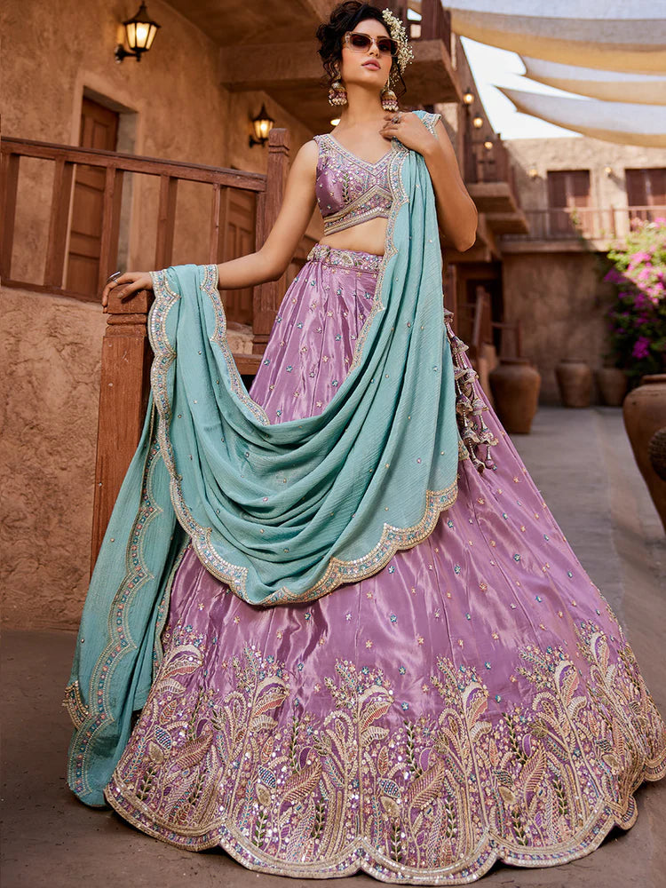 Trendy Satin Silk Lehenga Choli & Dupatta with Intricate Sequins Embroidery for Weddings