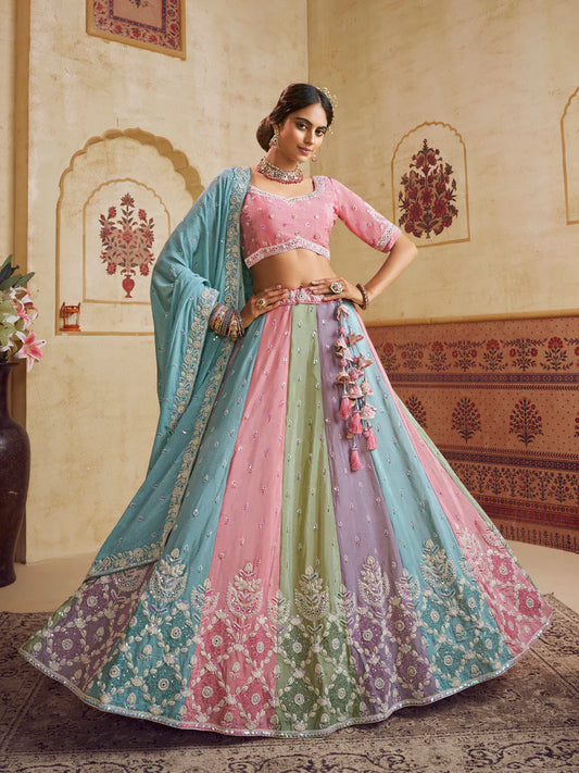 Contemporary Chinnon Fabric Lehenga Choli & Dupatta Semi-Stitched Set with Sequins Detailing for Elegant Party and Bridal Outfits
