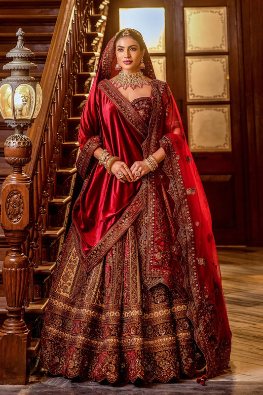 Chic Red Velvet Bridal Lehenga with Sequins Work Designed for Glamorous and Elegant Bridal Dressing