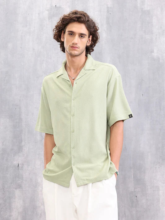 Relaxed Fit Light Green Resort Collar Shirt Oversized Textured Cotton Casual Wear