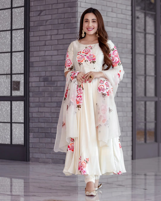 Festive Women’s Cream Valeria Suit Set Featuring Unique Handpainted Detailing and Coordinated Dupatta