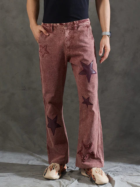 Copper Brown Flared Denim Jeans for Women with Decorative Star Embroidery