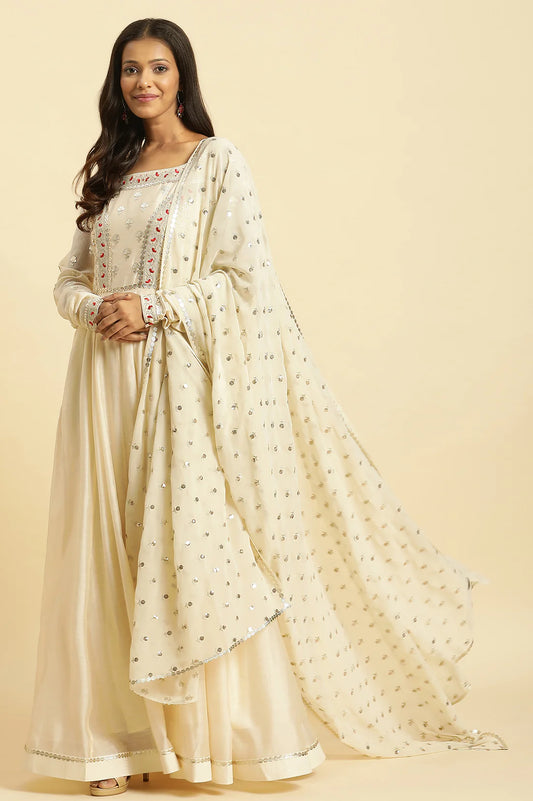 Regal Chanderi Anarkali Flared Kurta with Premium Embroidered Georgette Dupatta Bridal Set