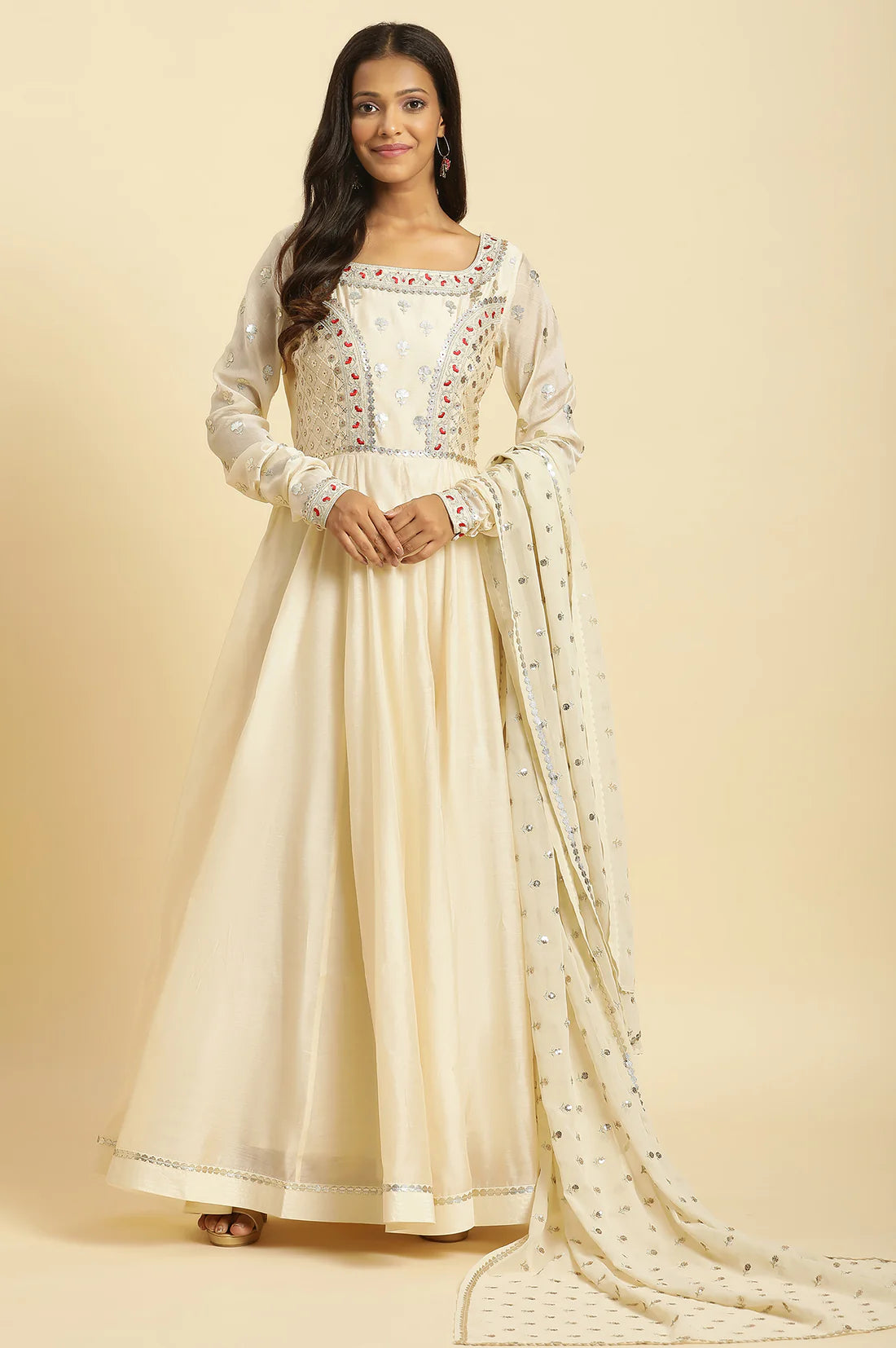 Regal Chanderi Anarkali Flared Kurta with Premium Embroidered Georgette Dupatta Bridal Set