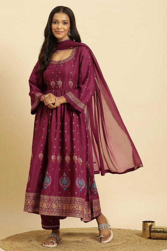 Casual and Party Wear Women’s Purple Embellished Kurta Set with Pants and Matching Dupatta for Daily Wear