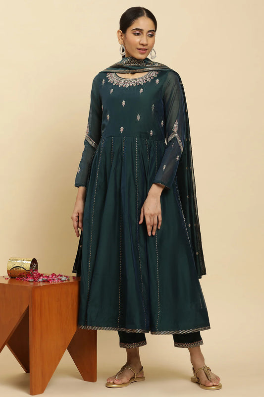 Casual and Party Ready Green Flared Kurta with Embroidery, Comfortable Pants, and Matching Dupatta for Women
