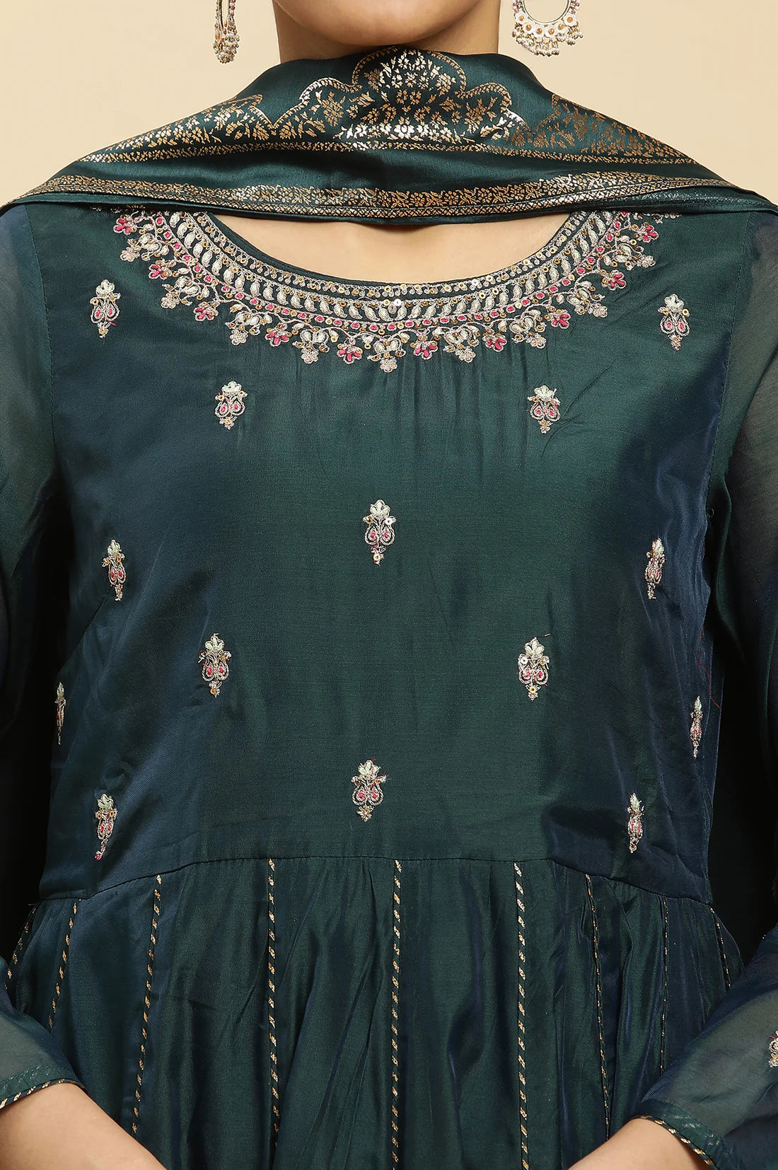 Casual and Party Ready Green Flared Kurta with Embroidery, Comfortable Pants, and Matching Dupatta for Women
