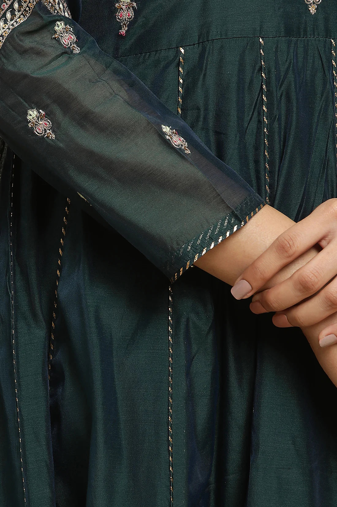 Casual and Party Ready Green Flared Kurta with Embroidery, Comfortable Pants, and Matching Dupatta for Women