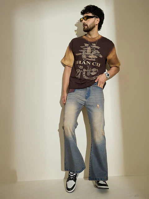 Men’s Vintage Look Indigo Dusty Cowboy Denim with Wide Flared Legs