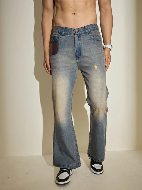Men’s Vintage Look Indigo Dusty Cowboy Denim with Wide Flared Legs