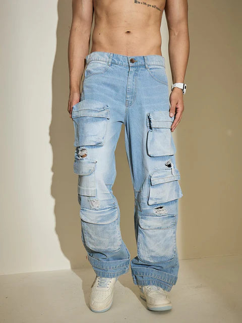 Everyday Wear Men’s Ice Wash Distressed Super Baggy Denim Jeans