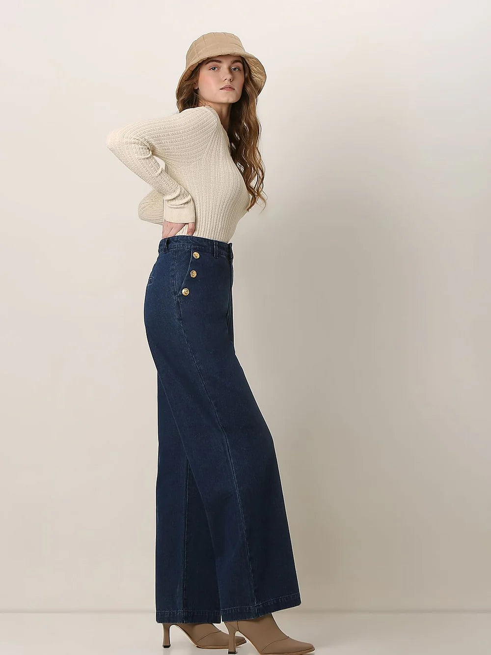Relaxed Women Dark Blue High Rise Wide Leg Denim Jeans Ideal for All Day Comfort
