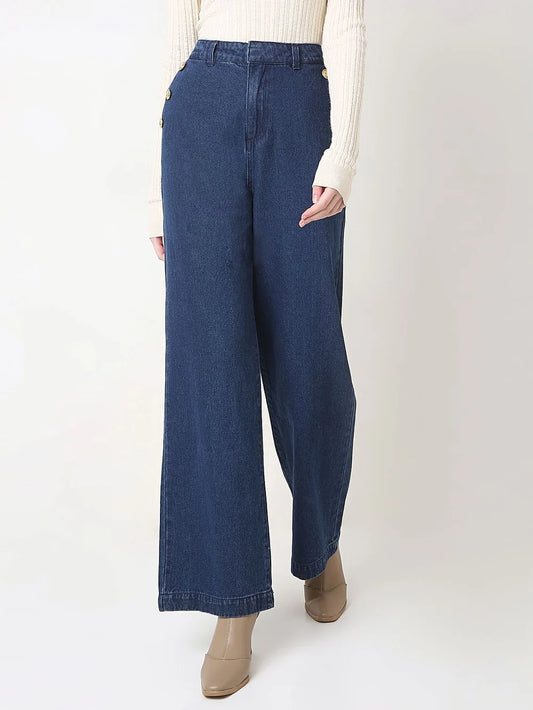 Relaxed Women Dark Blue High Rise Wide Leg Denim Jeans Ideal for All Day Comfort