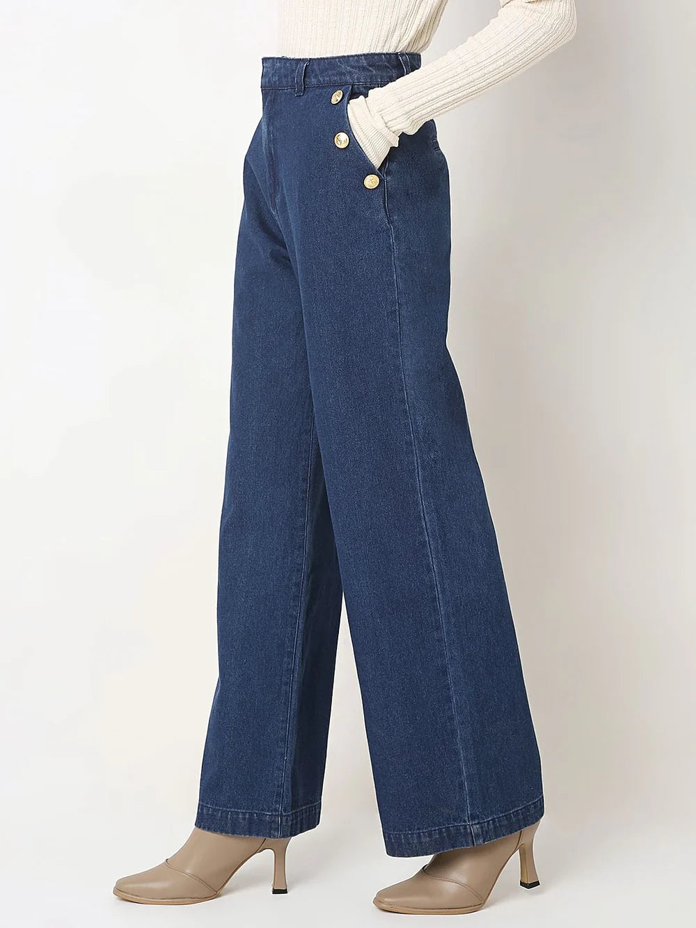 Relaxed Women Dark Blue High Rise Wide Leg Denim Jeans Ideal for All Day Comfort