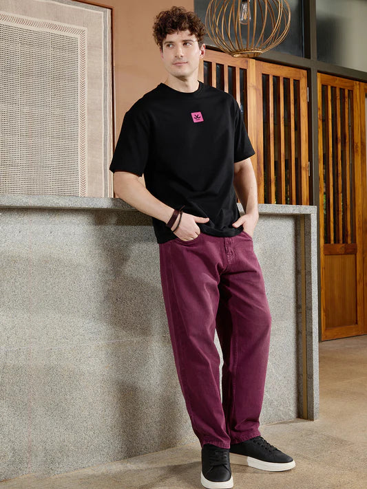 Modern Men’s Casual Loose Fit Jeans in Maroon with Relaxed Style