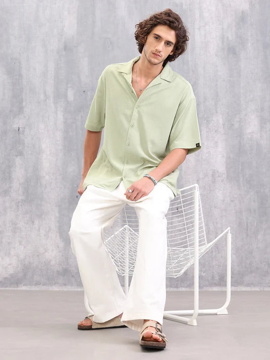 Relaxed Fit Light Green Resort Collar Shirt Oversized Textured Cotton Casual Wear