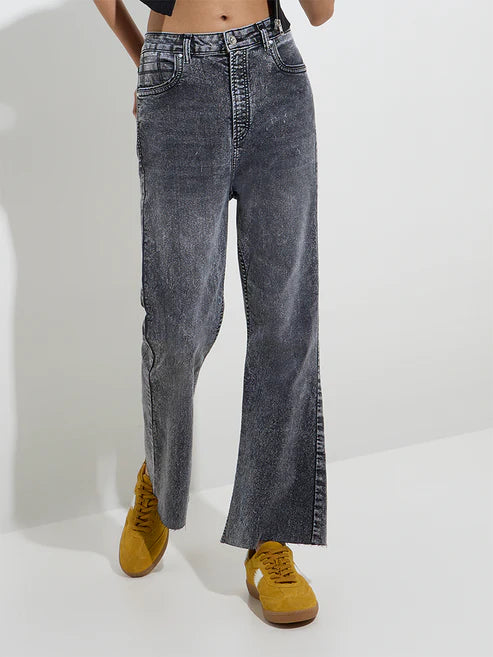 Elegant Grey Washed Straight Fit High Rise Jeans with Relaxed Straight Leg Silhouette
