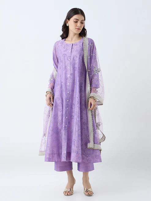 Festive Women’s Purple Cotton Anarkali with Intricate Floral Motifs and Coordinated Bottoms