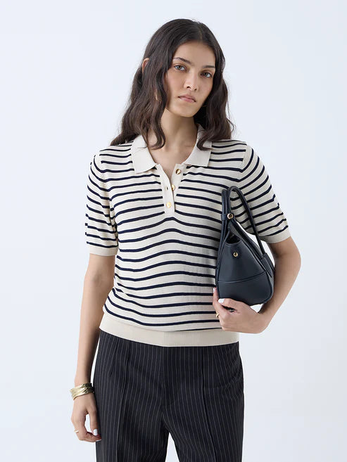 Versatile Men’s Knitted Polo T-Shirt in Beige with Stripe Pattern, Ideal for Work and Leisure