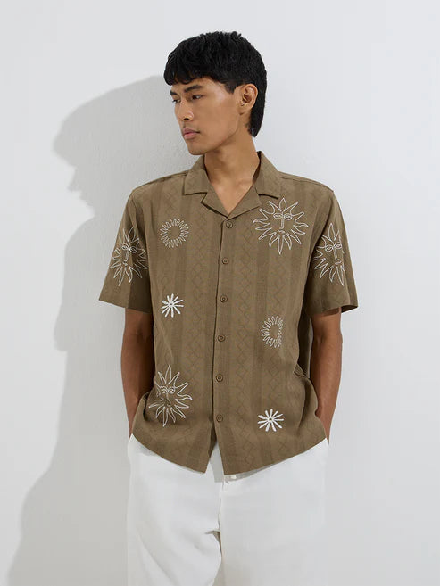 Olive Green Embroidered Relaxed Fit Cotton Shirt Perfect for Semi Formal and Casual Outfits