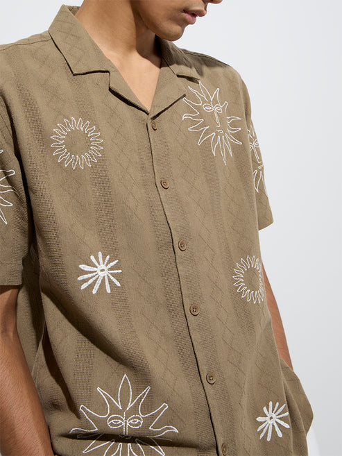 Olive Green Embroidered Relaxed Fit Cotton Shirt Perfect for Semi Formal and Casual Outfits