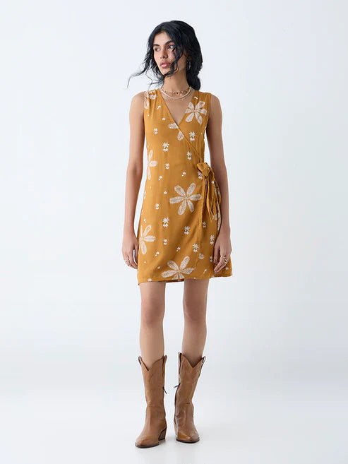 Fashionable Women Wrap Style Dress Featuring Mustard Floral Print Perfect for Modern Casual and Party Wear