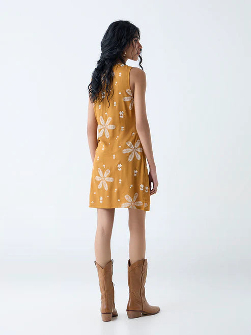 Fashionable Women Wrap Style Dress Featuring Mustard Floral Print Perfect for Modern Casual and Party Wear