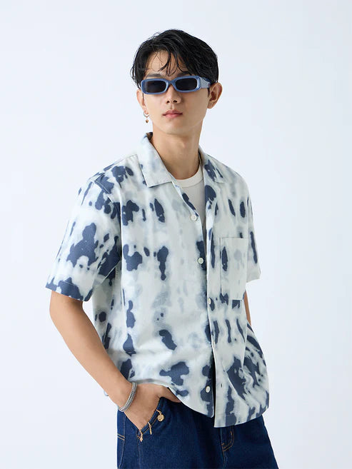 Lightweight Indigo Printed Cotton Shirt Relaxed Fit Casual Outfit