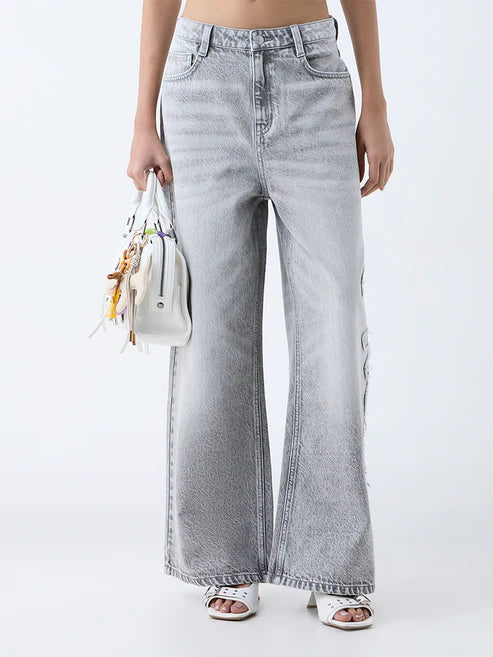 Designer Grey Faded Wide-Leg Mid-Rise Jeans with Contemporary Urban Style