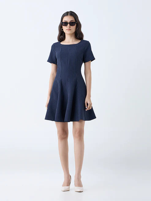 Fashionable Women’s Navy Pinstriped A-Line Dress Trendy Day or Evening Wear