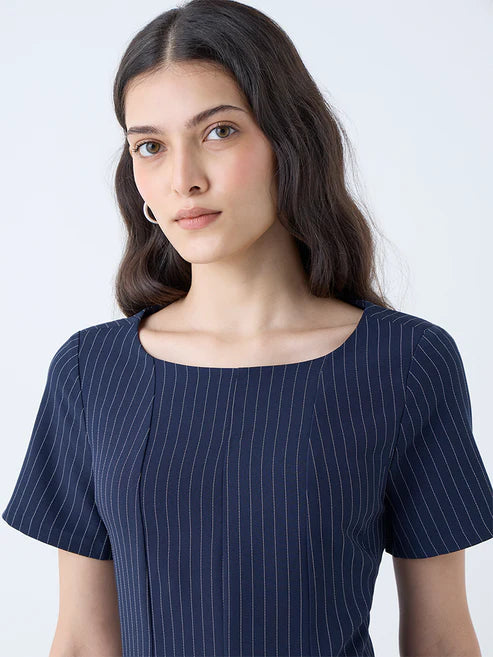 Fashionable Women’s Navy Pinstriped A-Line Dress Trendy Day or Evening Wear