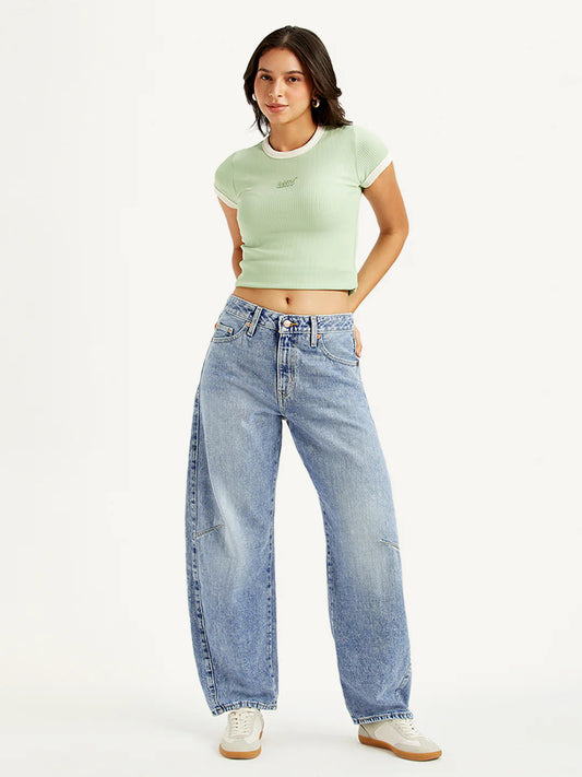 Relaxed Womens Light Blue Baggy Dad Jeans with Mid Rise Waist and Barrel Fit Perfect for Travel and Lounge