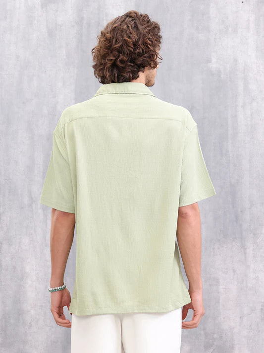 Relaxed Fit Light Green Resort Collar Shirt Oversized Textured Cotton Casual Wear