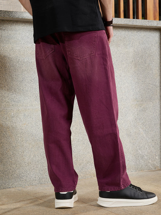 Modern Men’s Casual Loose Fit Jeans in Maroon with Relaxed Style